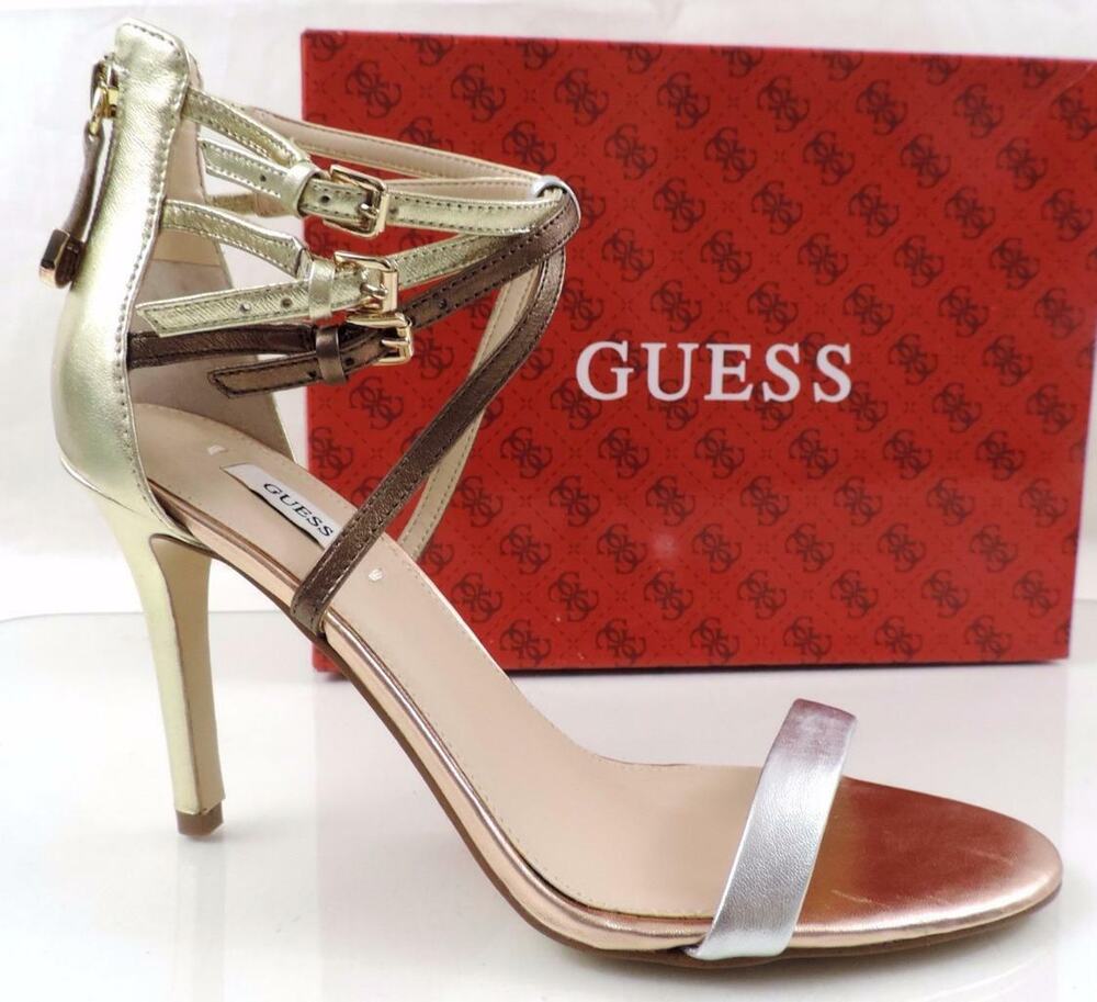 Guess Laella Ankle Strap Dress Sandals Heels Silver Multi Size 9.5
